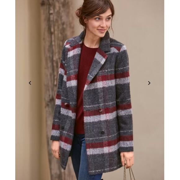 Sezane Octave Coat In Burgundy Gray Tiles Size 8 Plaid Double Breasted Jacket - Picture 5 of 11